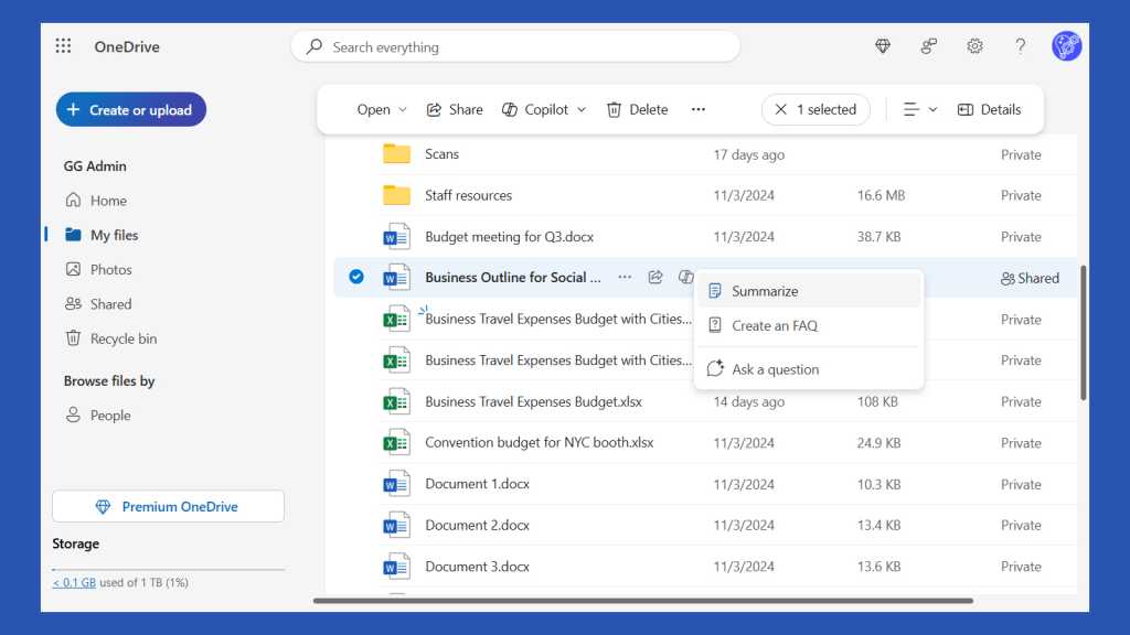 onedrive for web my files page with copilot menu