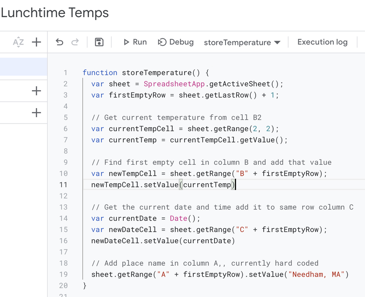 google sheets auto update 07 lunchtime temps function code