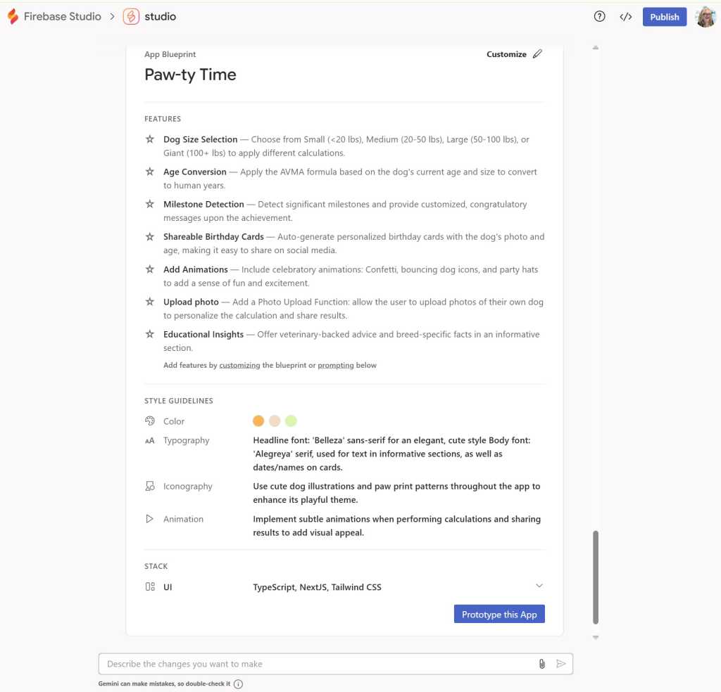 app blueprint for paw-ty time app in google firebase studio