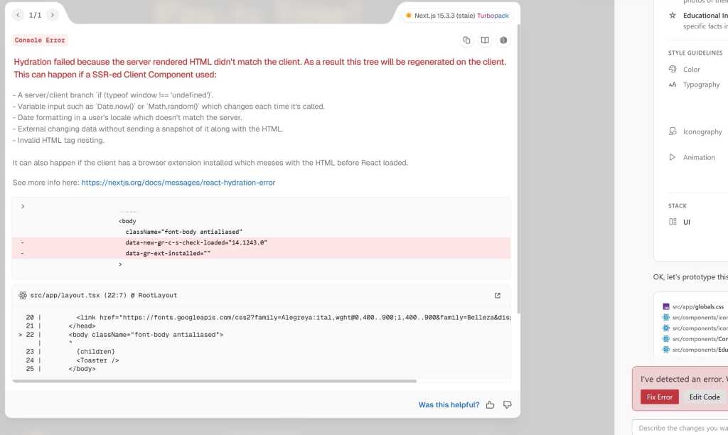 firebase studio screenshowing hydration failed error message