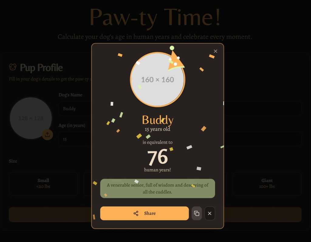 pawty-time app in firebase studio showing dog age but not next birthday