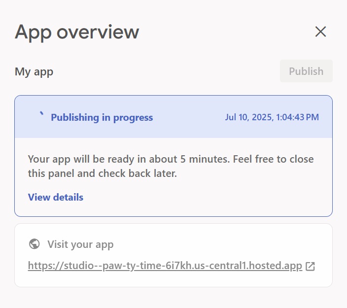 screen in firebase studio showing 5 minute wait time for app to be published