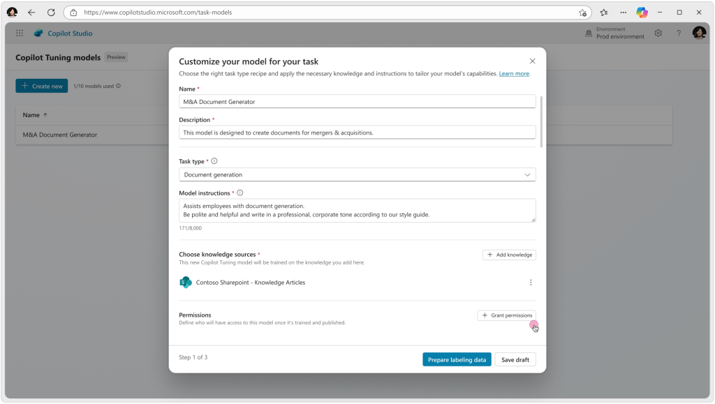customize your model screen in microsoft copilot tuning