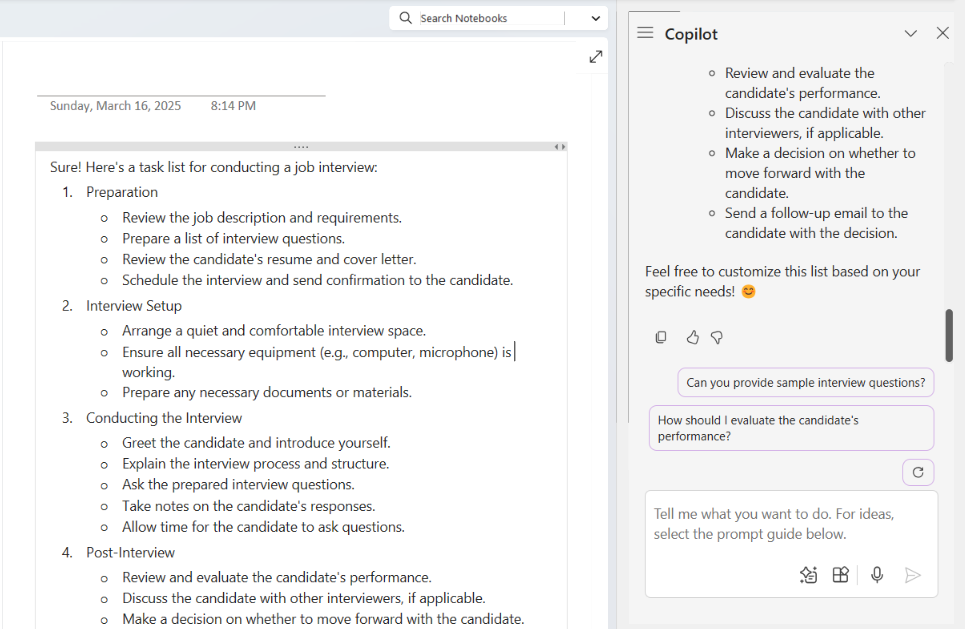 copilot sidebar and main window in onenote with generated task list for conducting a job interview