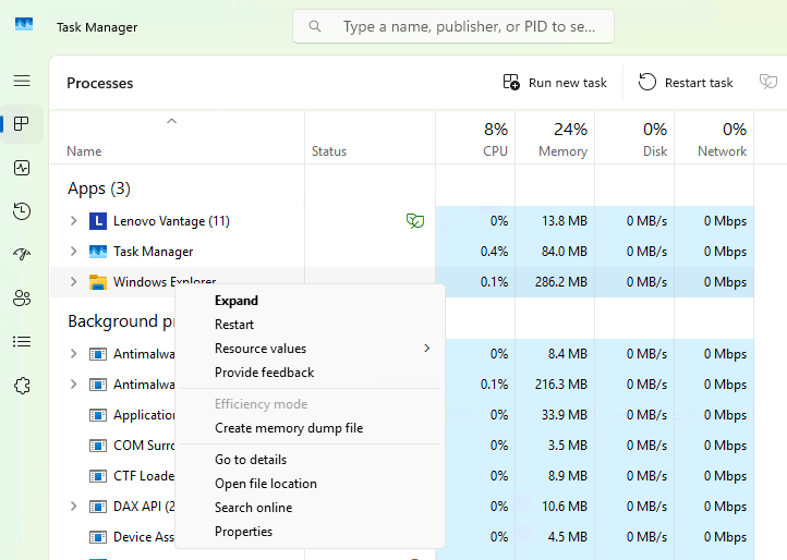 task manager window with windows explorer right-click menu