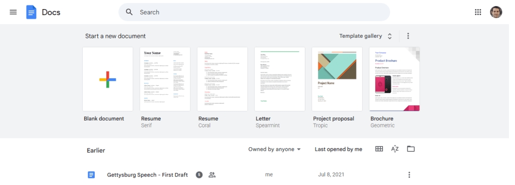 google docs home page with templates at top and documents list below