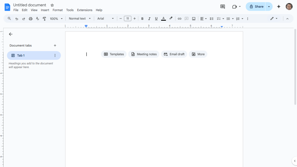 a new blank document in google docs showing quick start buttons across top of document