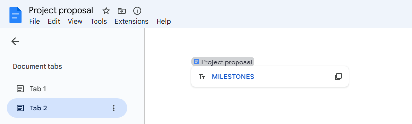 document in google docs with embedded link to header on another tab
