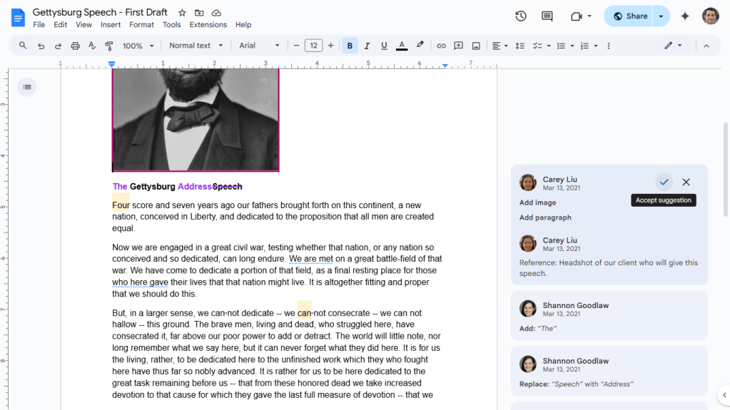 shared document with collaborators using suggesting mode with revision markup and comment cards