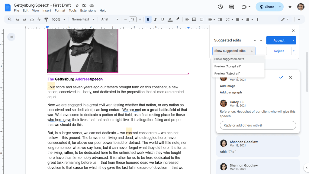 reviewing suggested changes in google docs