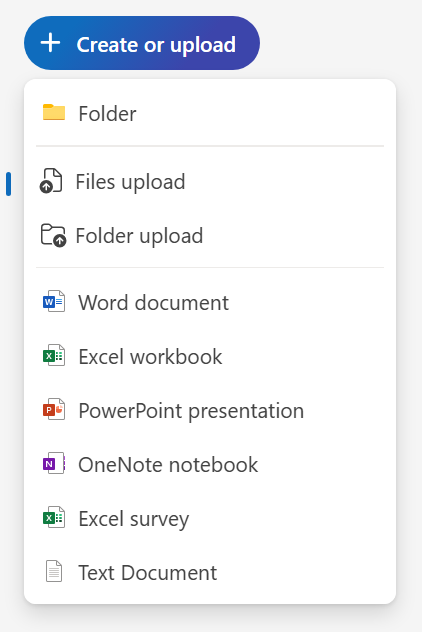 menu for create or upload button in onedrive for web