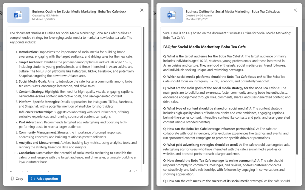 copilot-generated summary and faq list for a document in onedrive for web