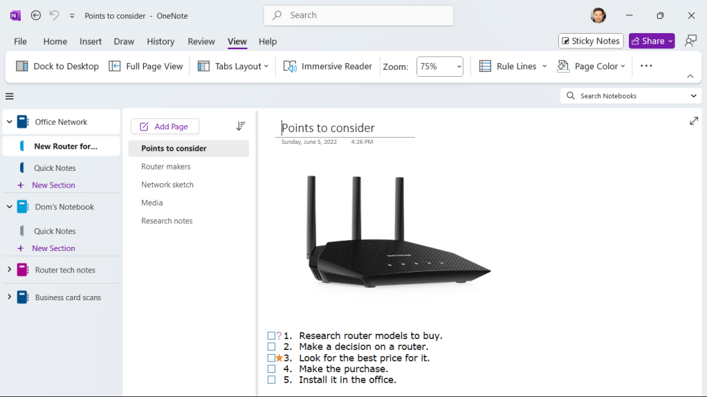 onenote overall interface in windows showing notebooks sections pages and a page open in main window
