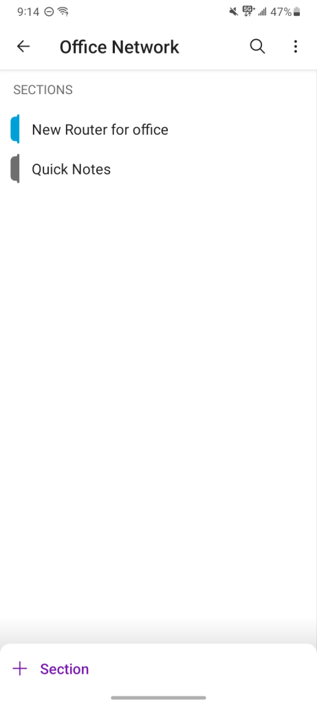 onenote android app listing sections in a notebook