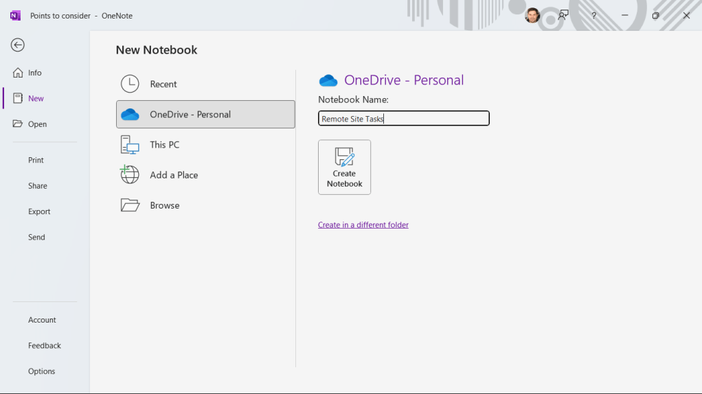 new notebook screen in onenote windows app
