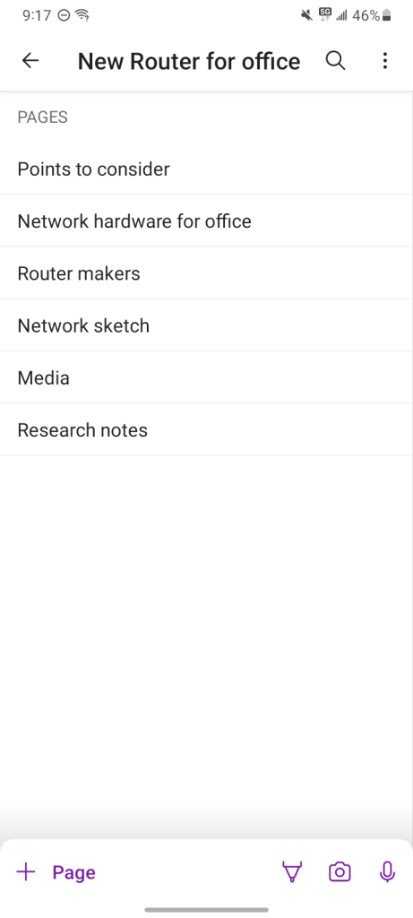 onenote android app showing pages list and new page link