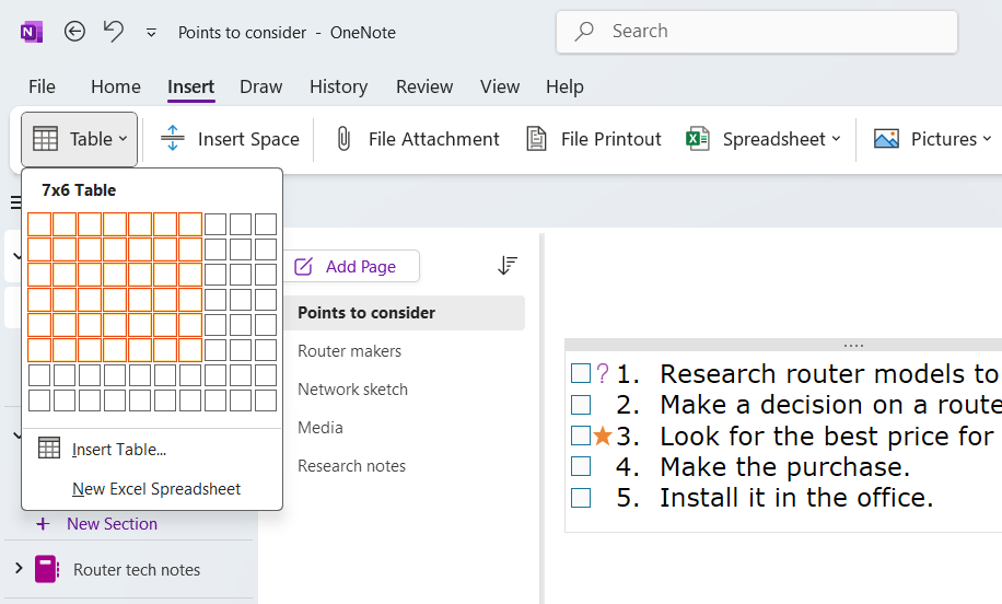 adding a table to a page in windows onenote app