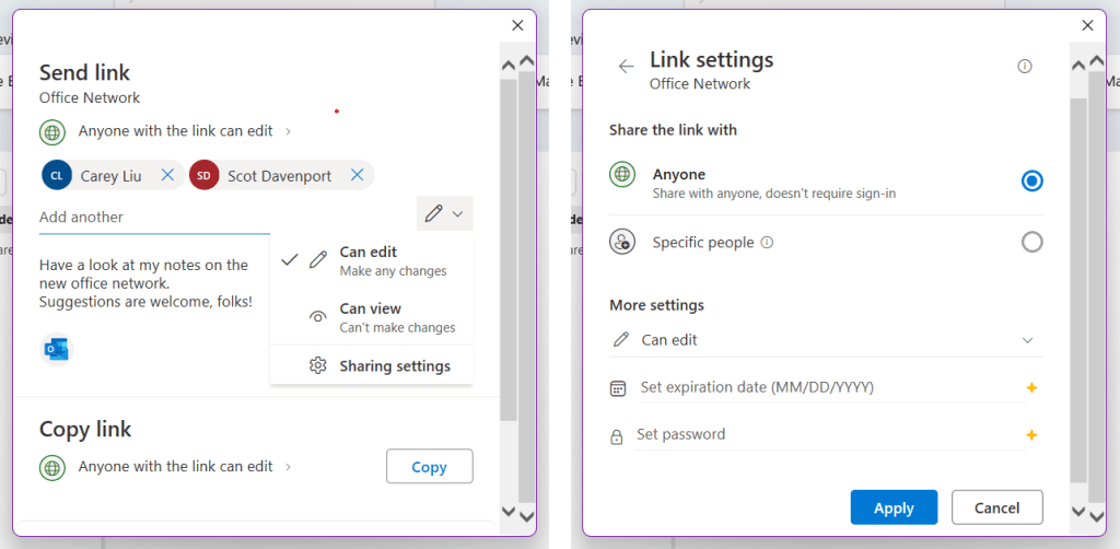 send link and link settings panes for sharing a notebook in onenote windows app