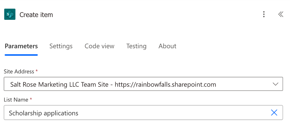 filling in parameters on create item action in power automate flow