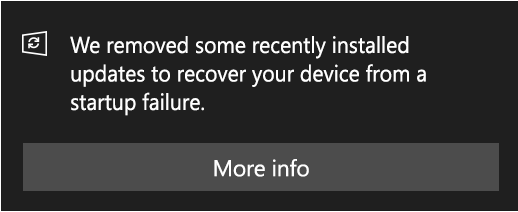 screenshot of windows notification of recently installed updates removal