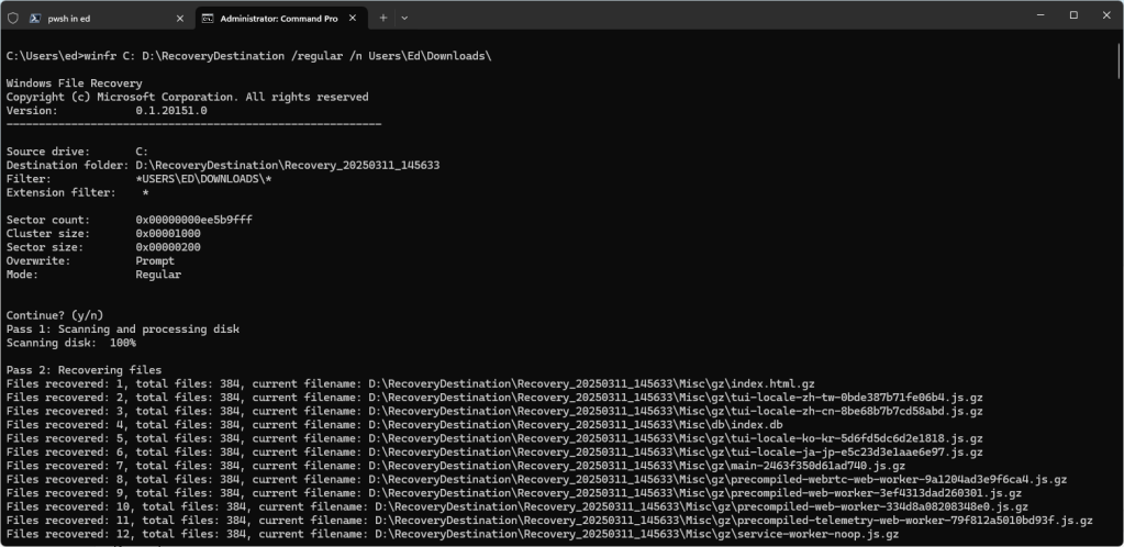 windows file recovery operation in a command window